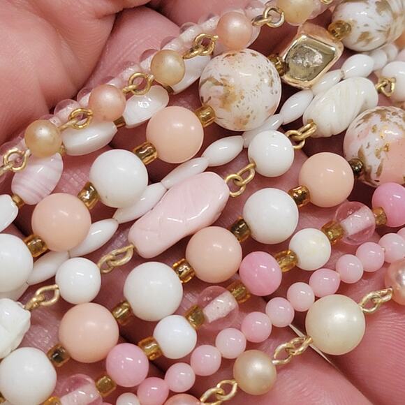 Vintage Pink White & Gold Multi-Strand Beaded Necklace with Layered Design Style - Picture 7 of 10